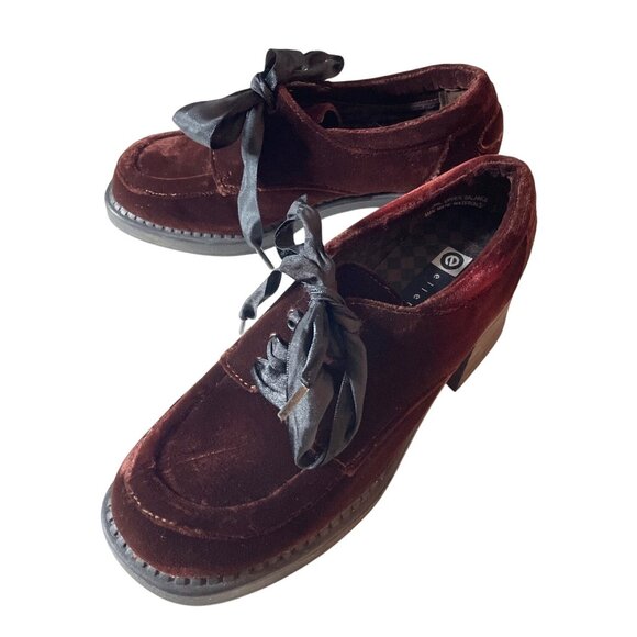 Vtg Y2K Ellemenno Burgundy Velvet Lace-Up Chunky Heel Shoes Women's Size 7 Goth - Picture 9 of 9